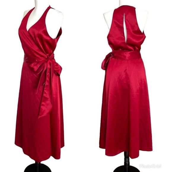 Jim Hjelm Occasions Red Satin Wrap Dress Womens 12 Midi V neck Sleeveless Formal - Picture 1 of 11